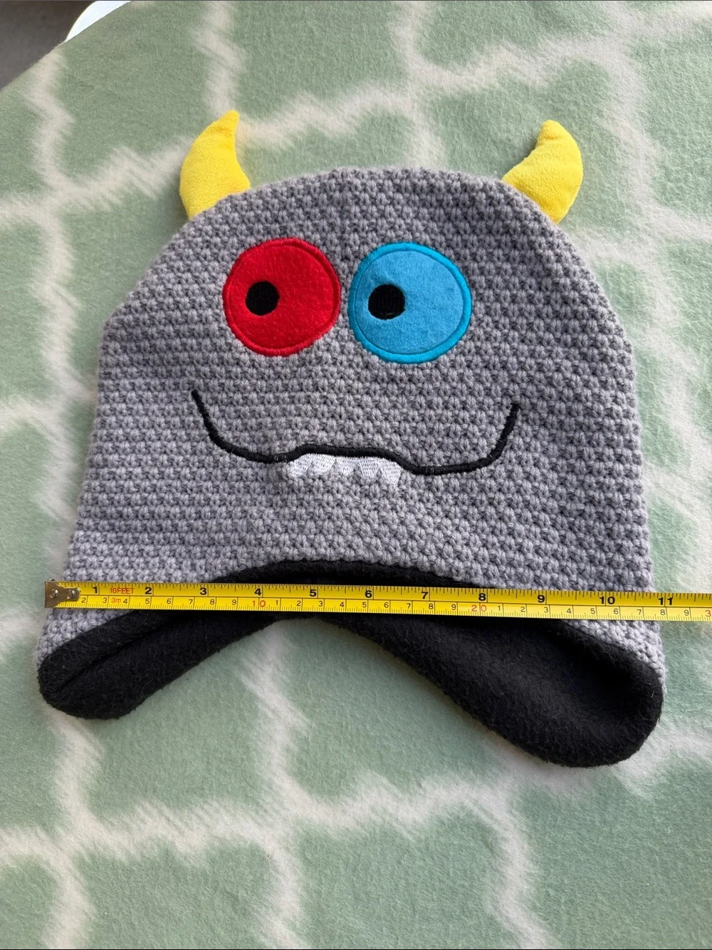 Kids Monster Earflap Hat - Gray with Yellow, Red & Blue Accents